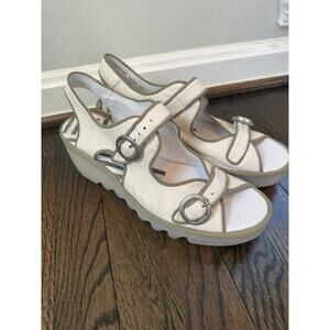 Fly London Sandals Womens Size 42 EU US 11 Beige Leather Wedge Platform Buckle